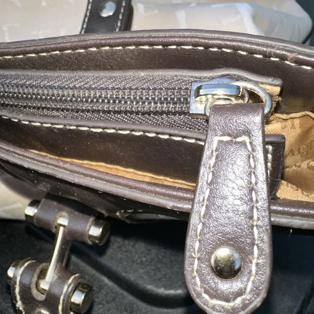 Etienne Aigner Large Satchel Handbag Beige Tote Shoulder Bag Leather Trim‎